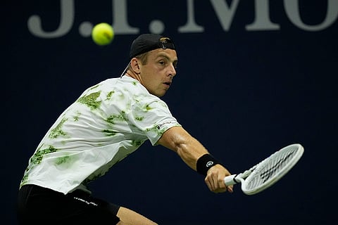 2024 US Open: Tallon Griekspoor returns a shot to Sumit Nagal during a first round match of the U.S. Open